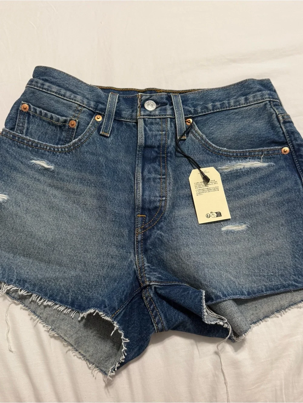 Levi's Distressed Mid Blue High-Rise Denim Shorts